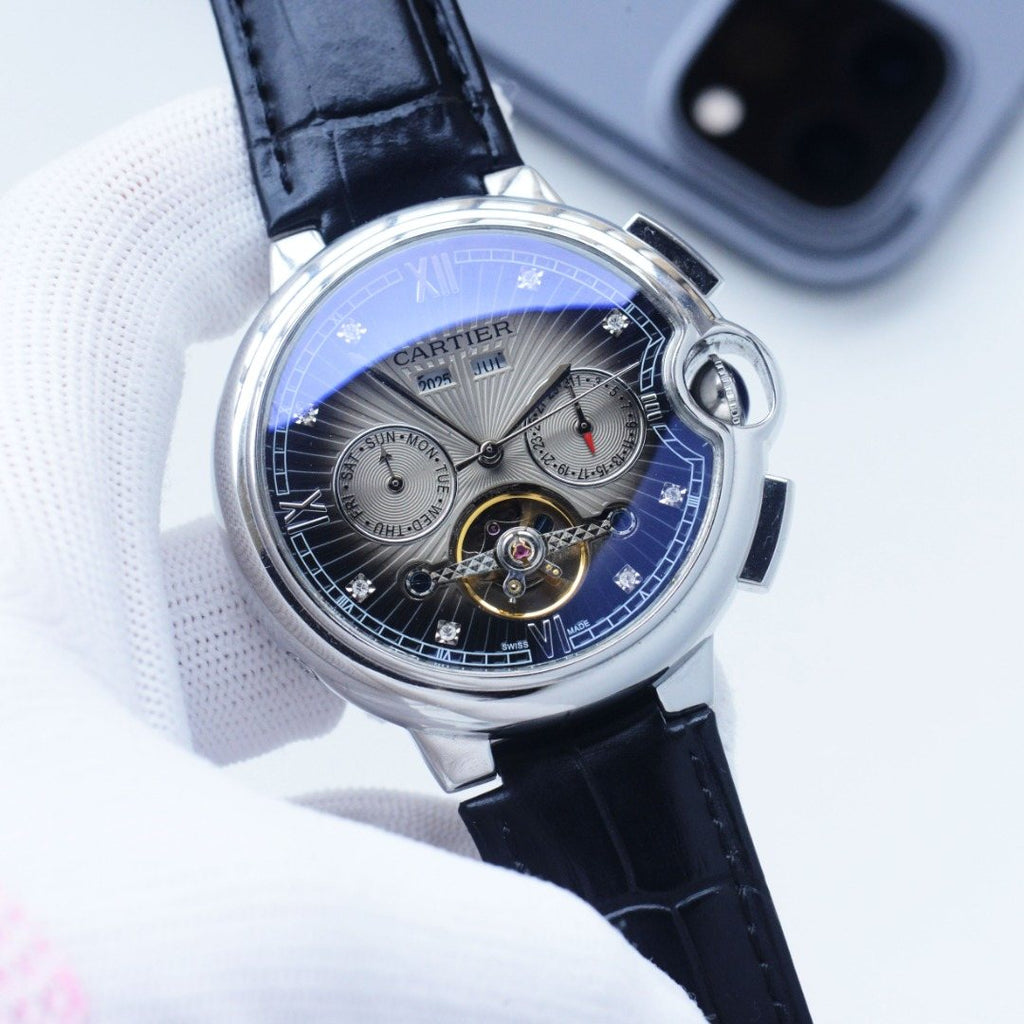 Cartier Black Blue Silver Dial Leather Strap Watch — front