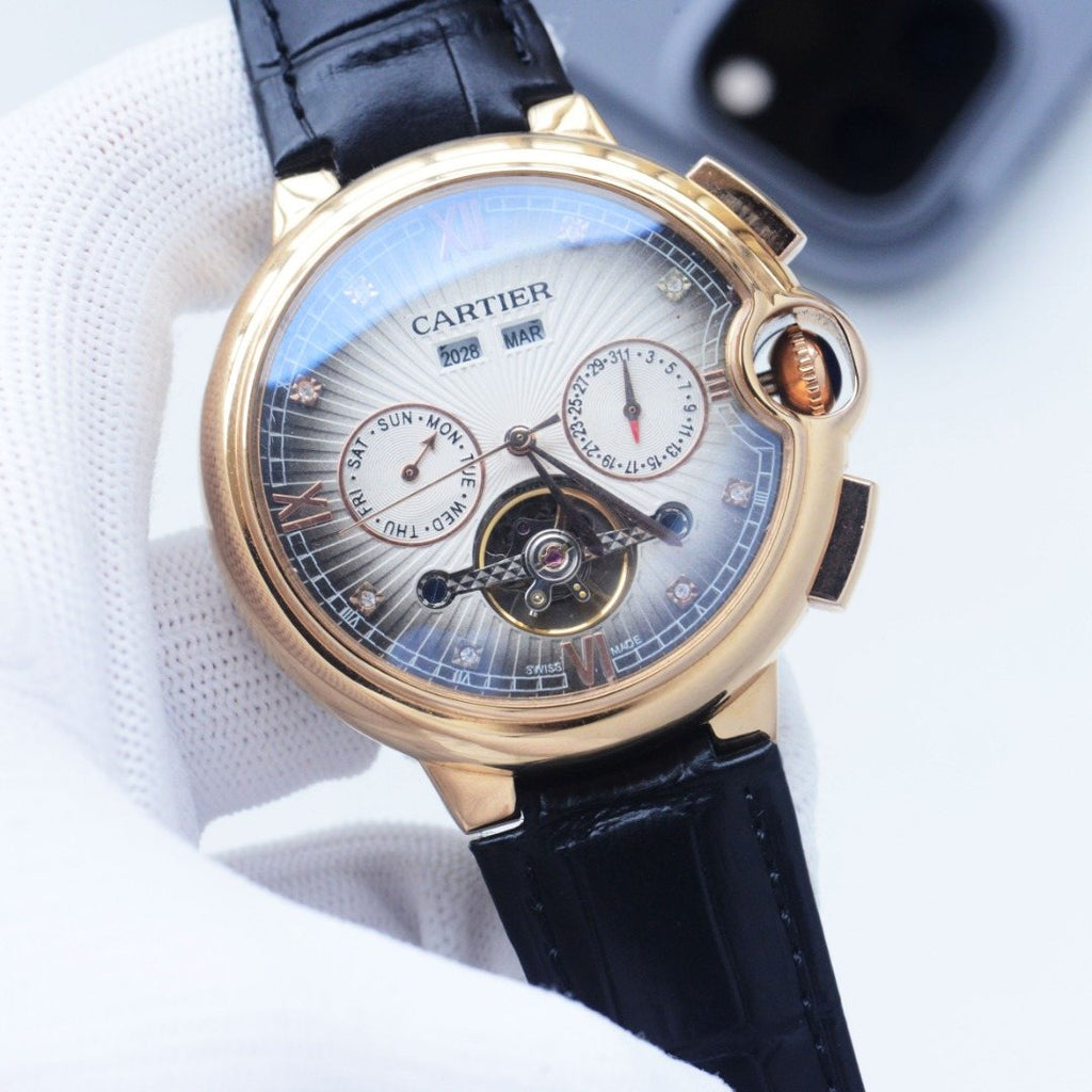 Cartier Gold Black Silver Dial Leather Strap Watch — front