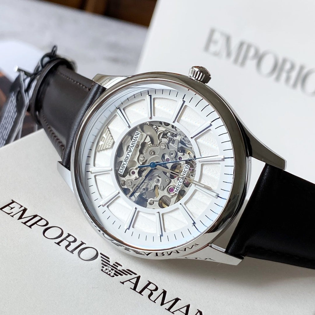 EMPORIO ARMANI Silver White Leather Strap Watch — hero