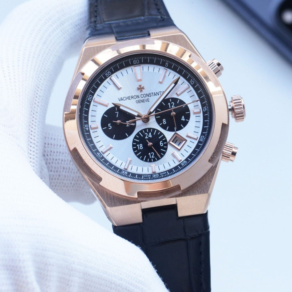 Vacheron Constantin Rose Gold White Black Dial Strap Watch — front