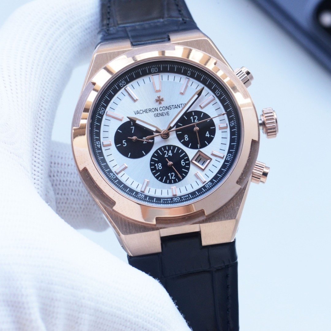 Vacheron Constantin Rose Gold White Black Dial Strap Watch — front
