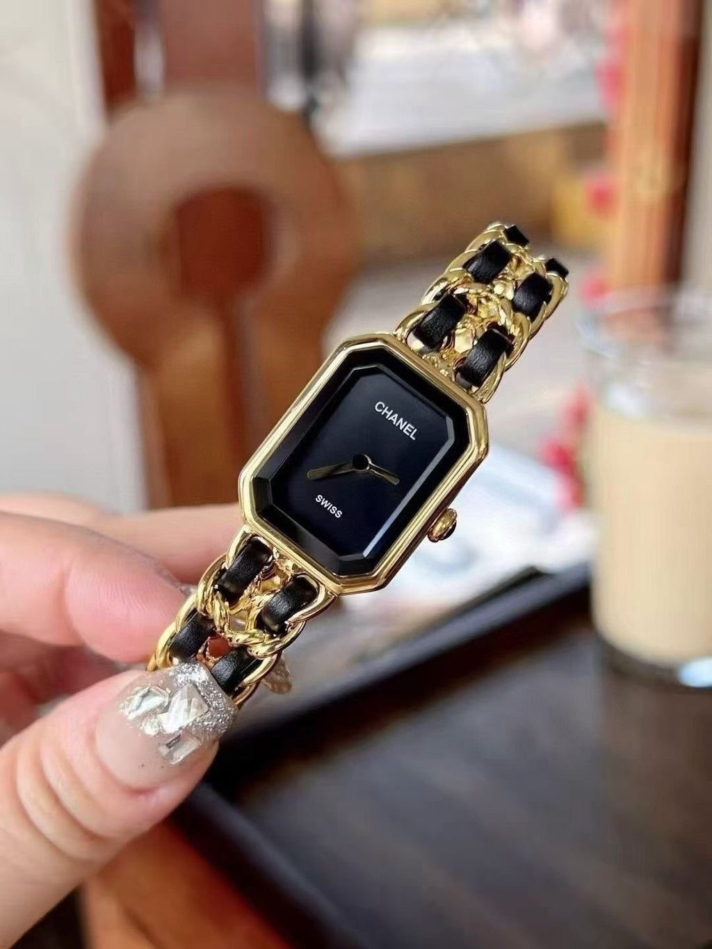 Chanel Black Dial Braided Bracelet Watch — front