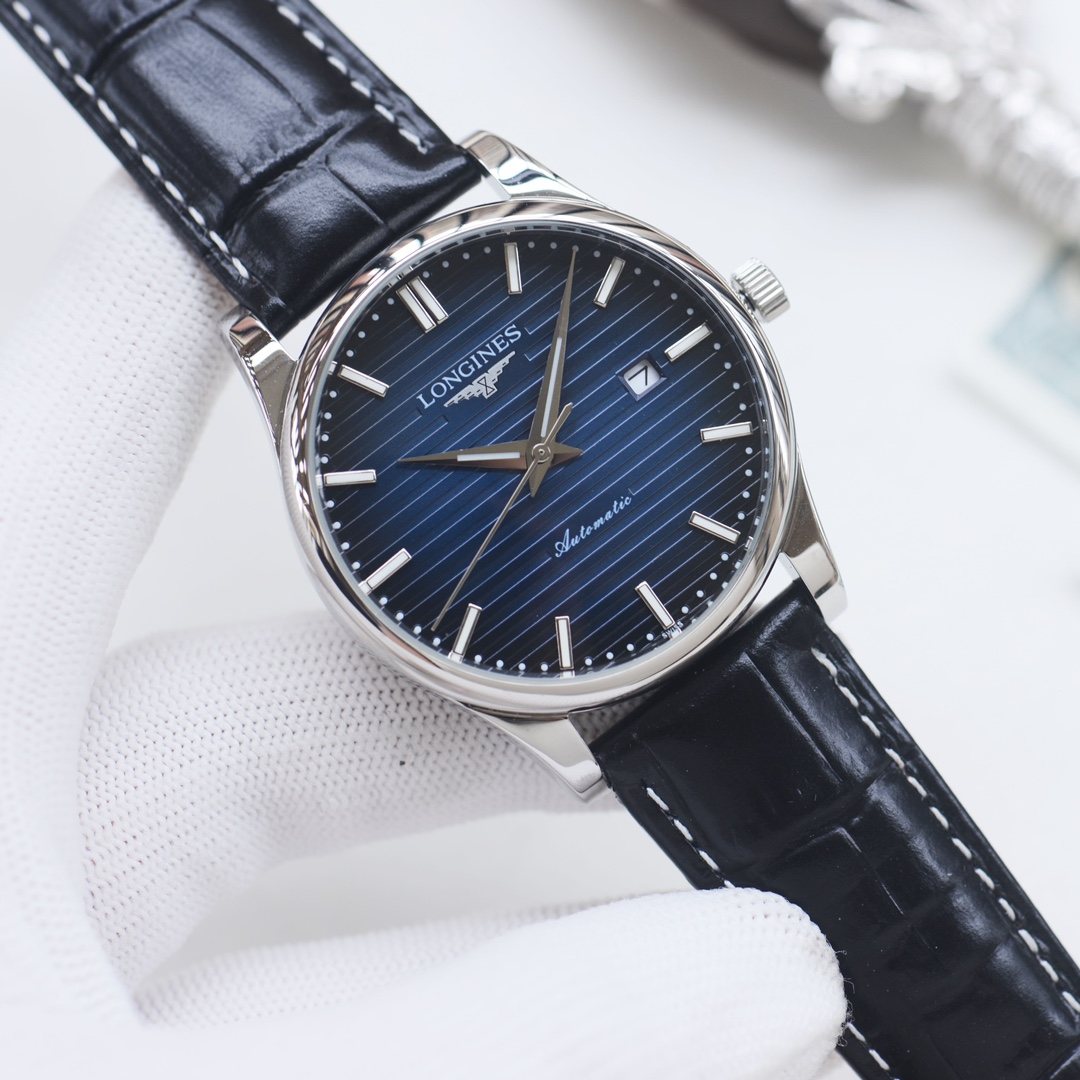 Longines Black Silver Blue Dial Leather Strap Watch — hero