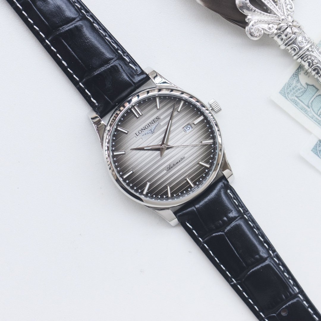 Longines Black Silver Leather Strap Watch — front