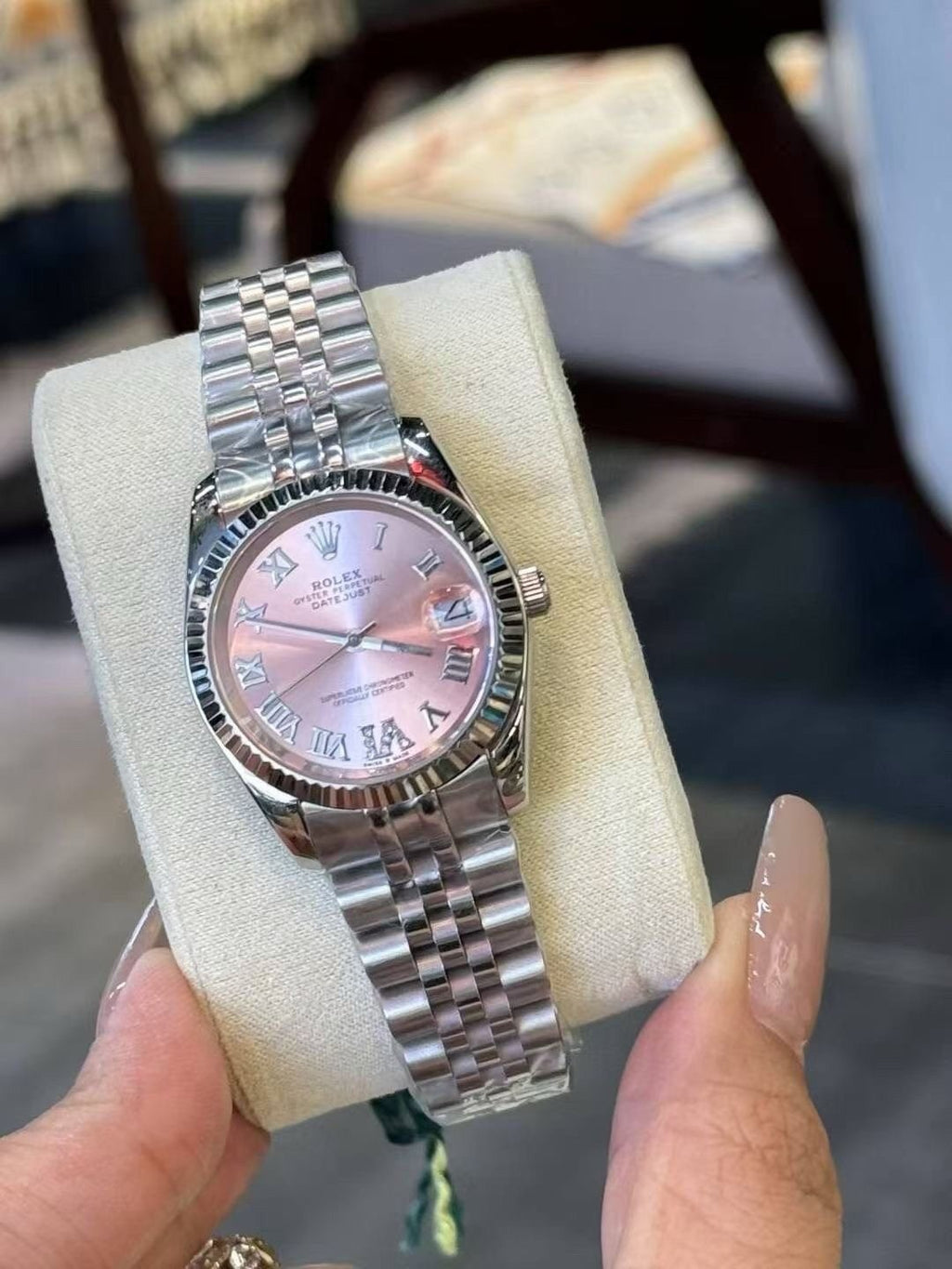 Rolex Pink Dial Bracelet Watch — front