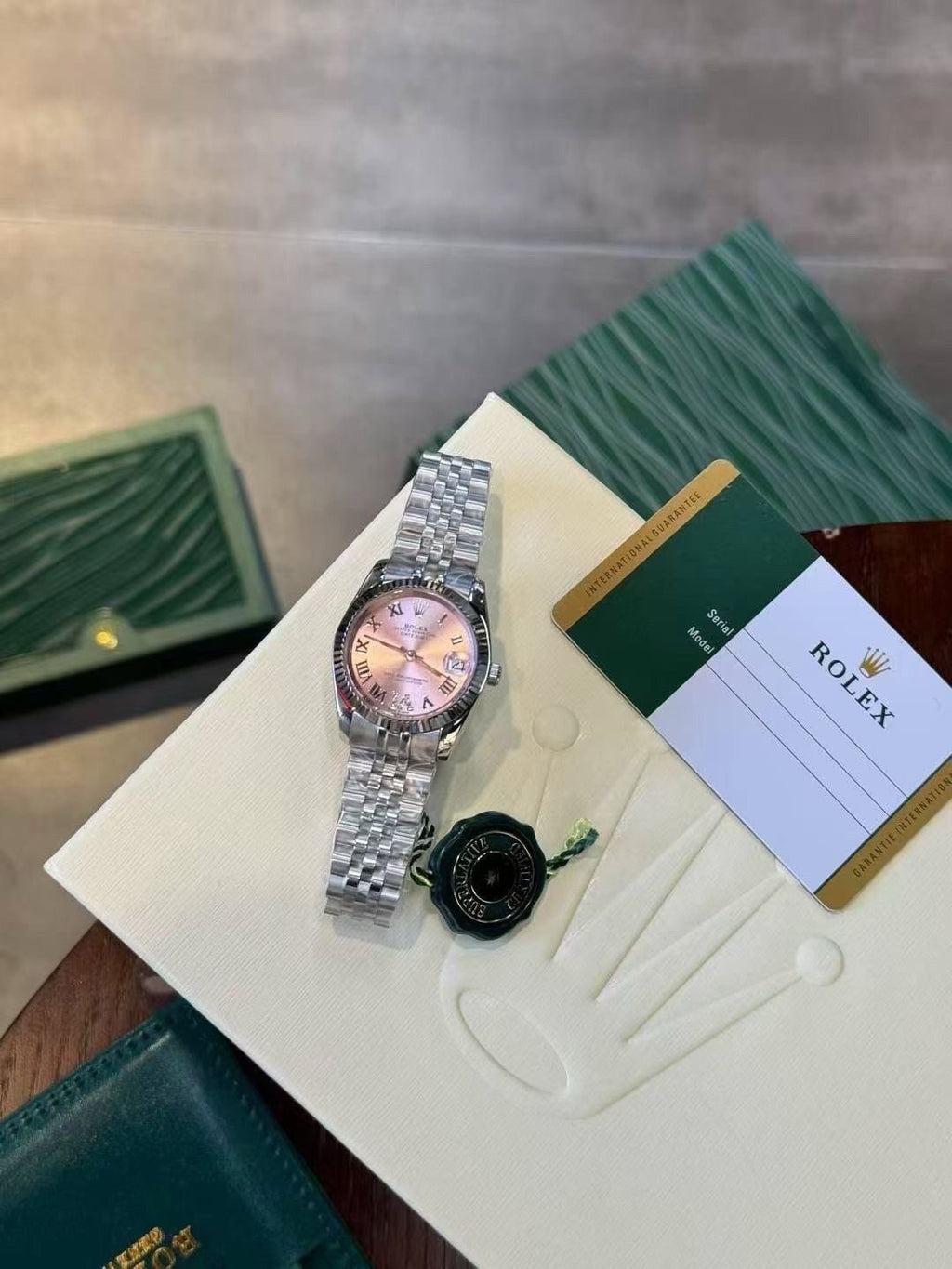 Rolex Pink Dial Bracelet Watch — front