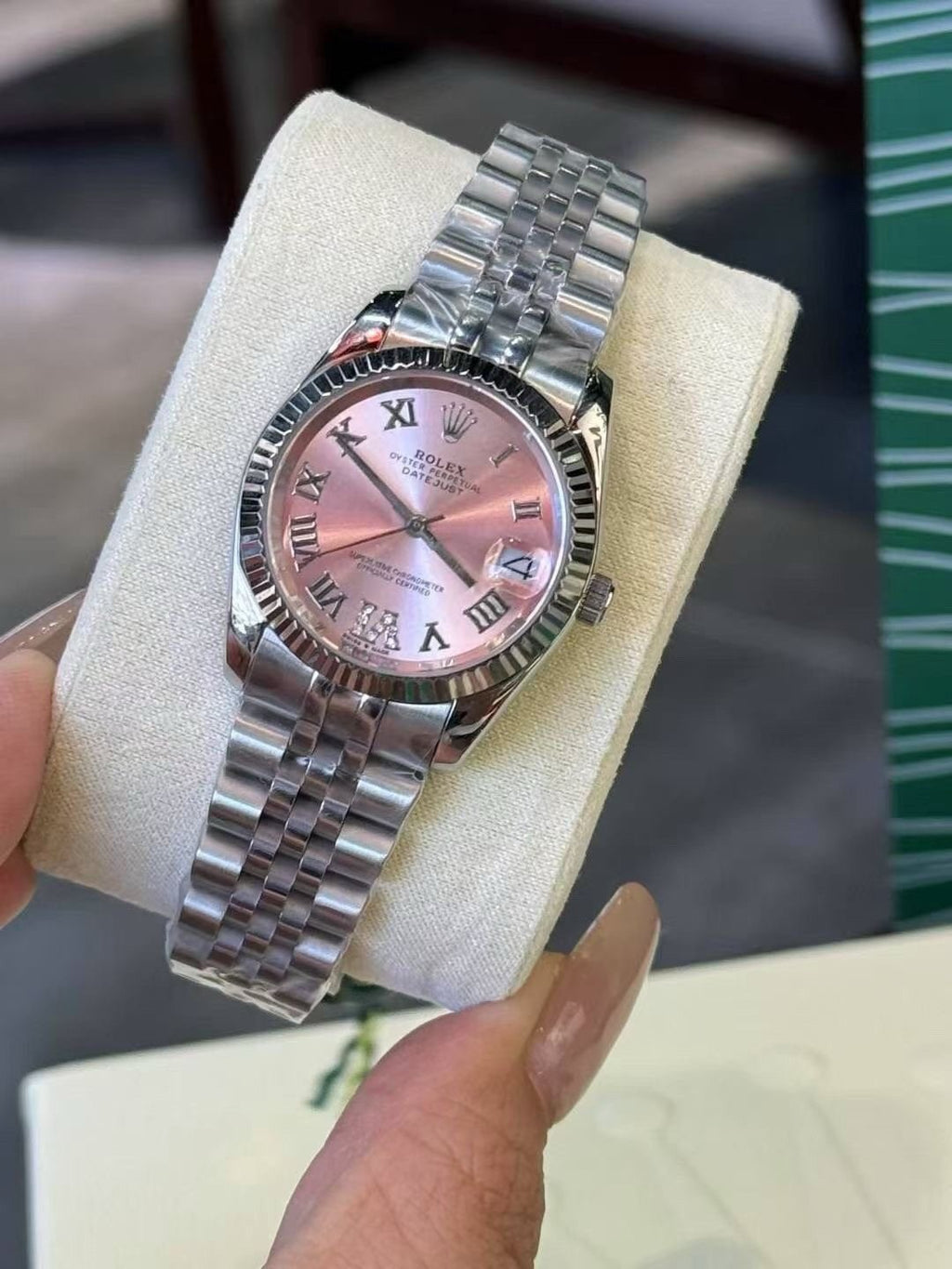 Rolex Pink Dial Bracelet Watch — front