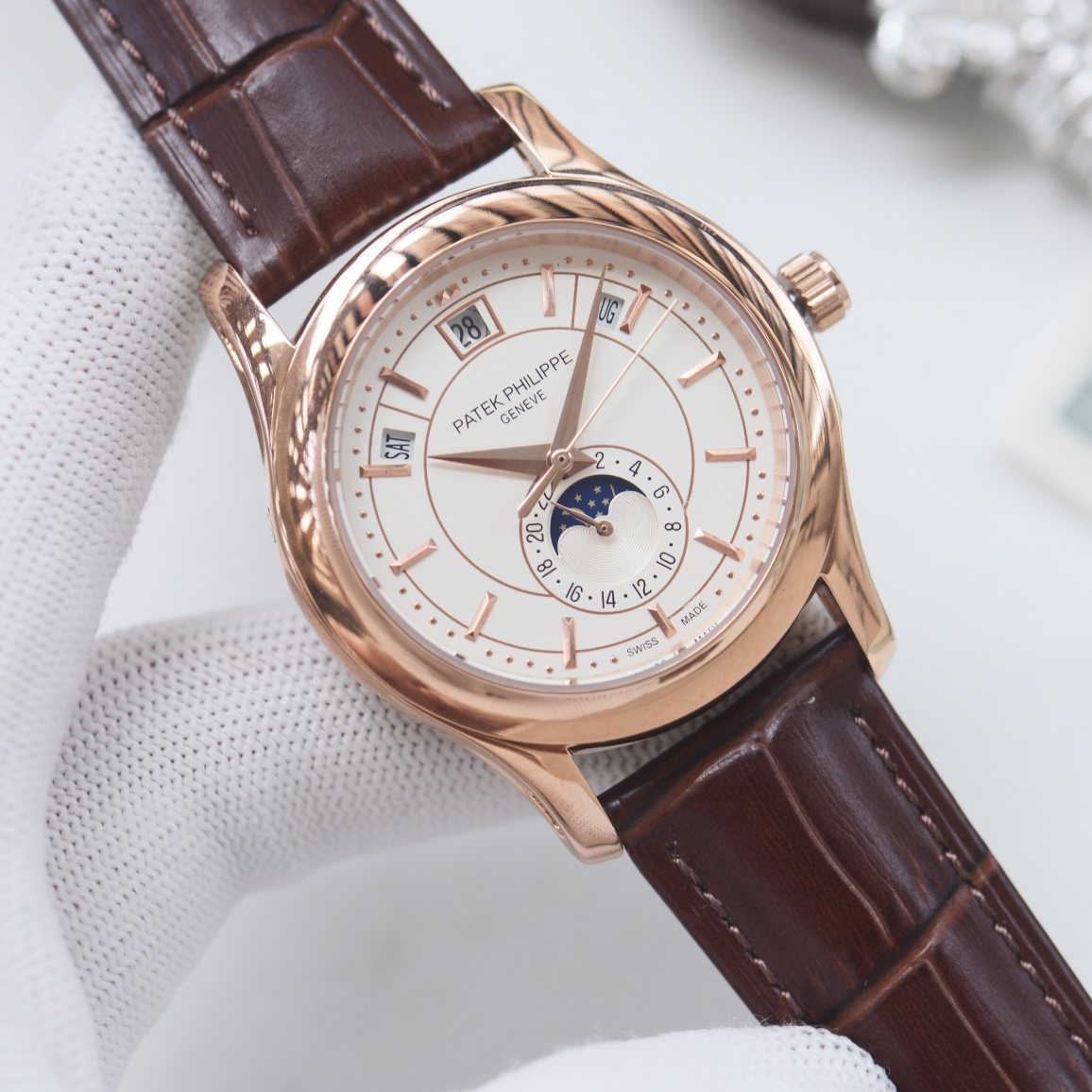 PATEK PHILIPPE Rose Gold Brown White Dial Strap Watch — hero
