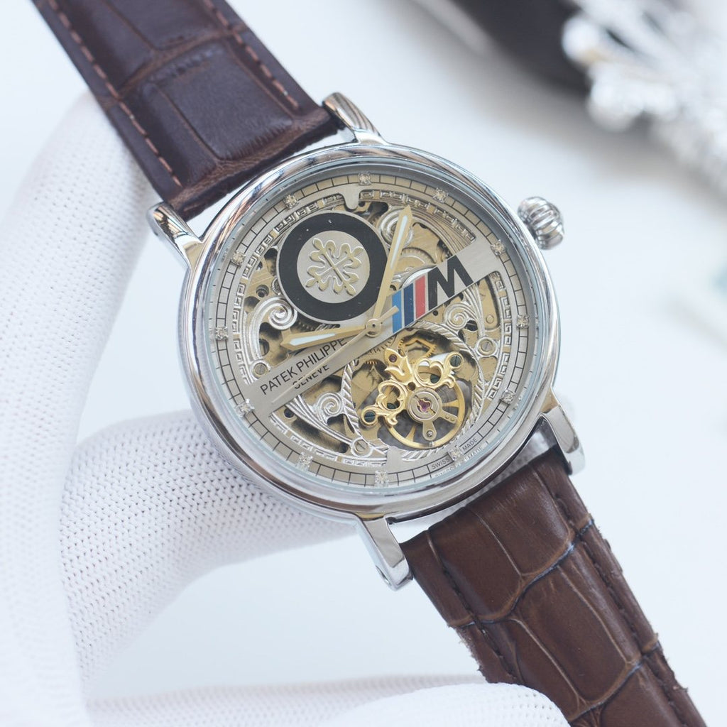 Patek Philippe Silver Brown Strap Watch — hero