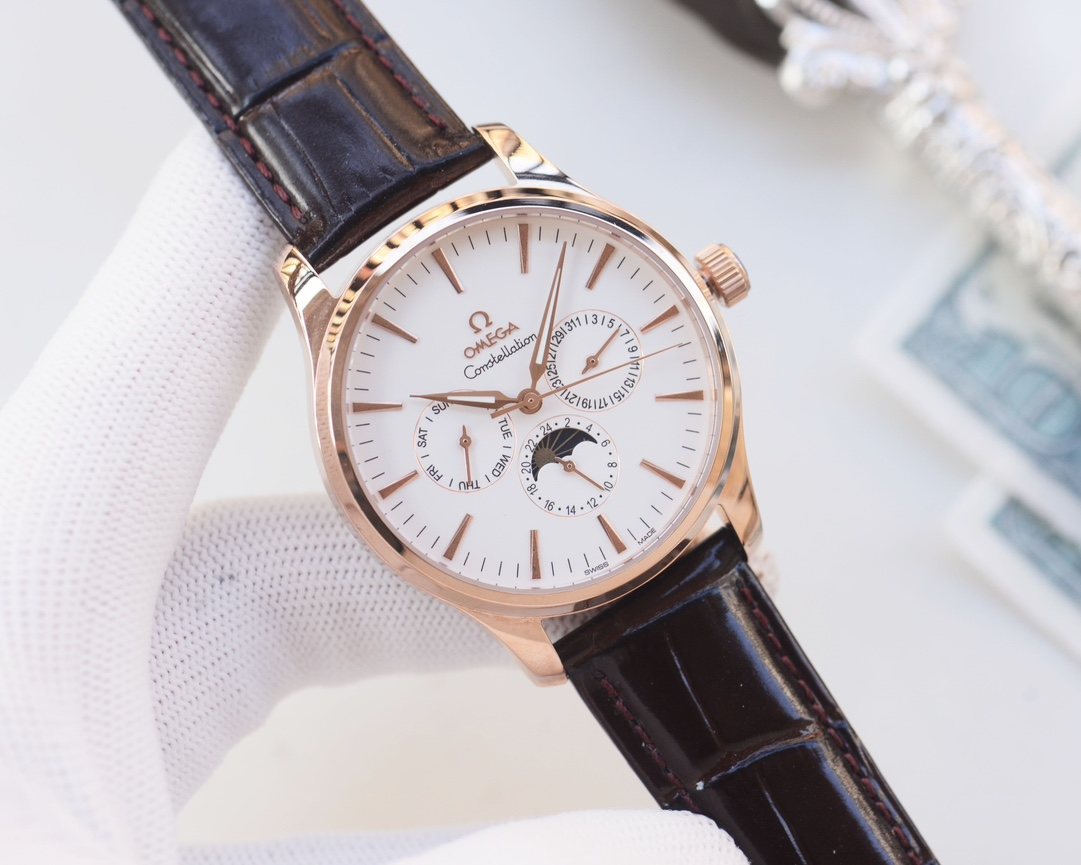 Omega Rose Gold Brown White Dial Leather Strap Watch — hero