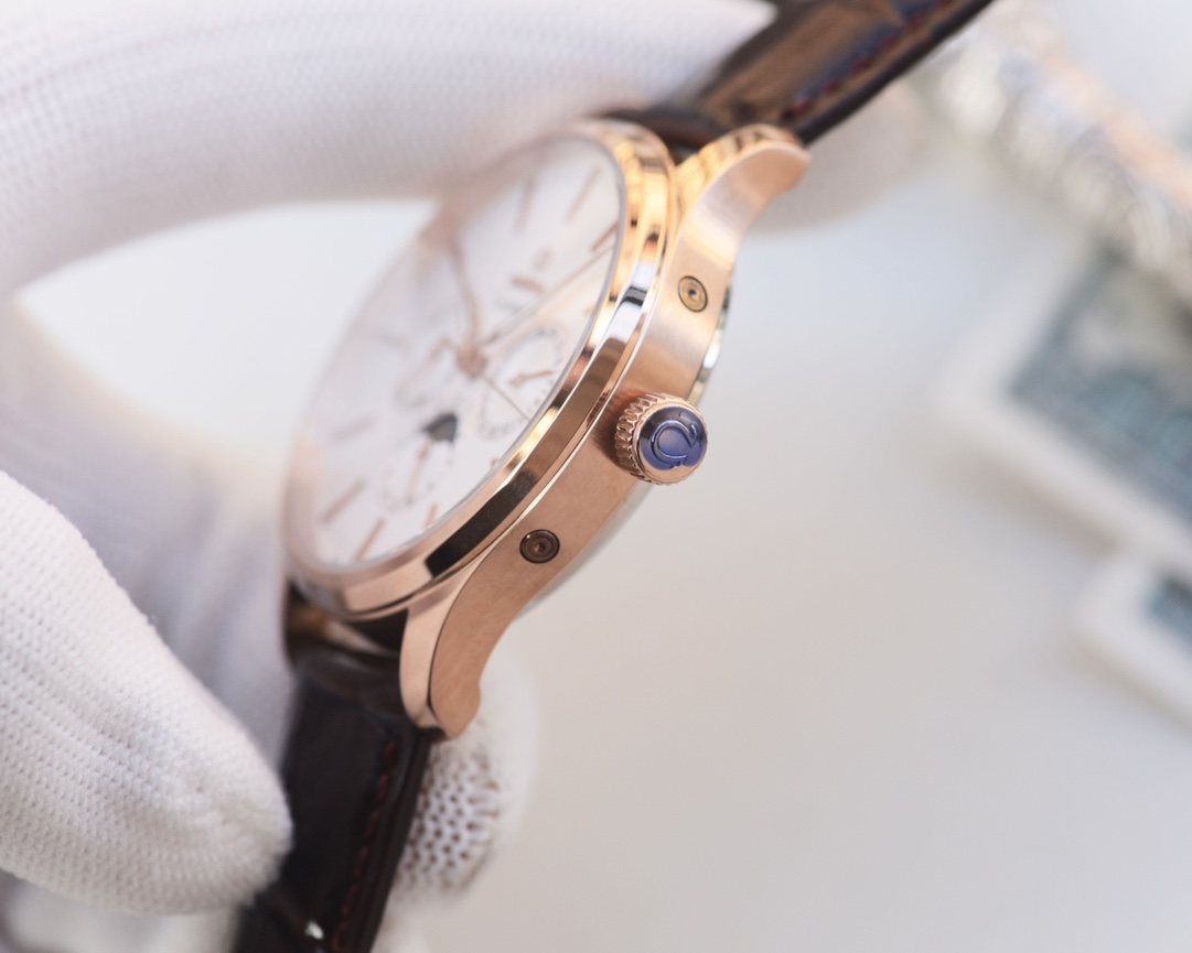 Omega Rose Gold Brown White Dial Leather Strap Watch — side
