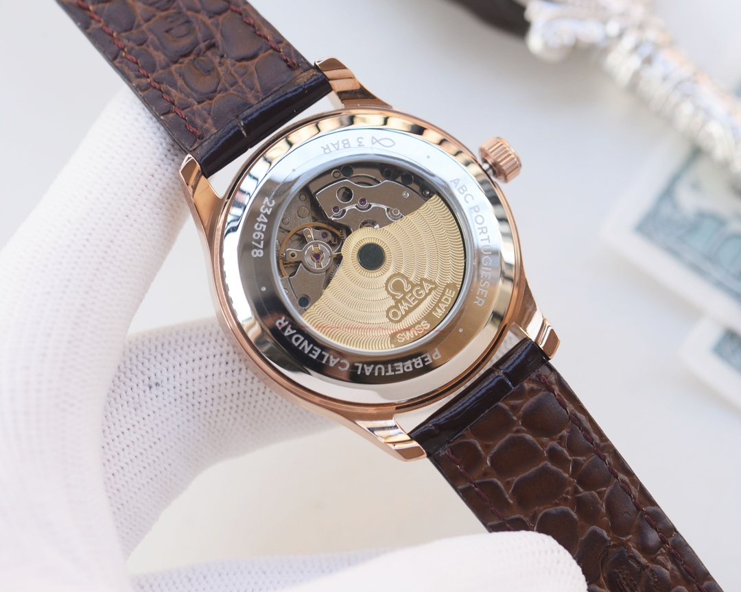Omega Rose Gold Brown White Dial Leather Strap Watch — back