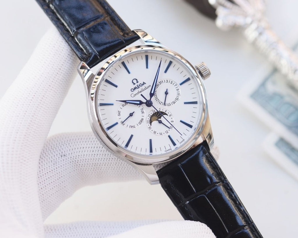 Omega Silver Black White Dial Leather Strap Watch — front