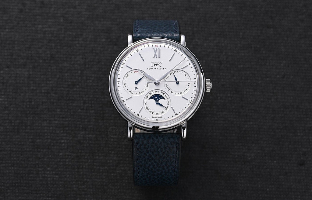 IWC Silver Blue White Dial Leather Strap Watch — front