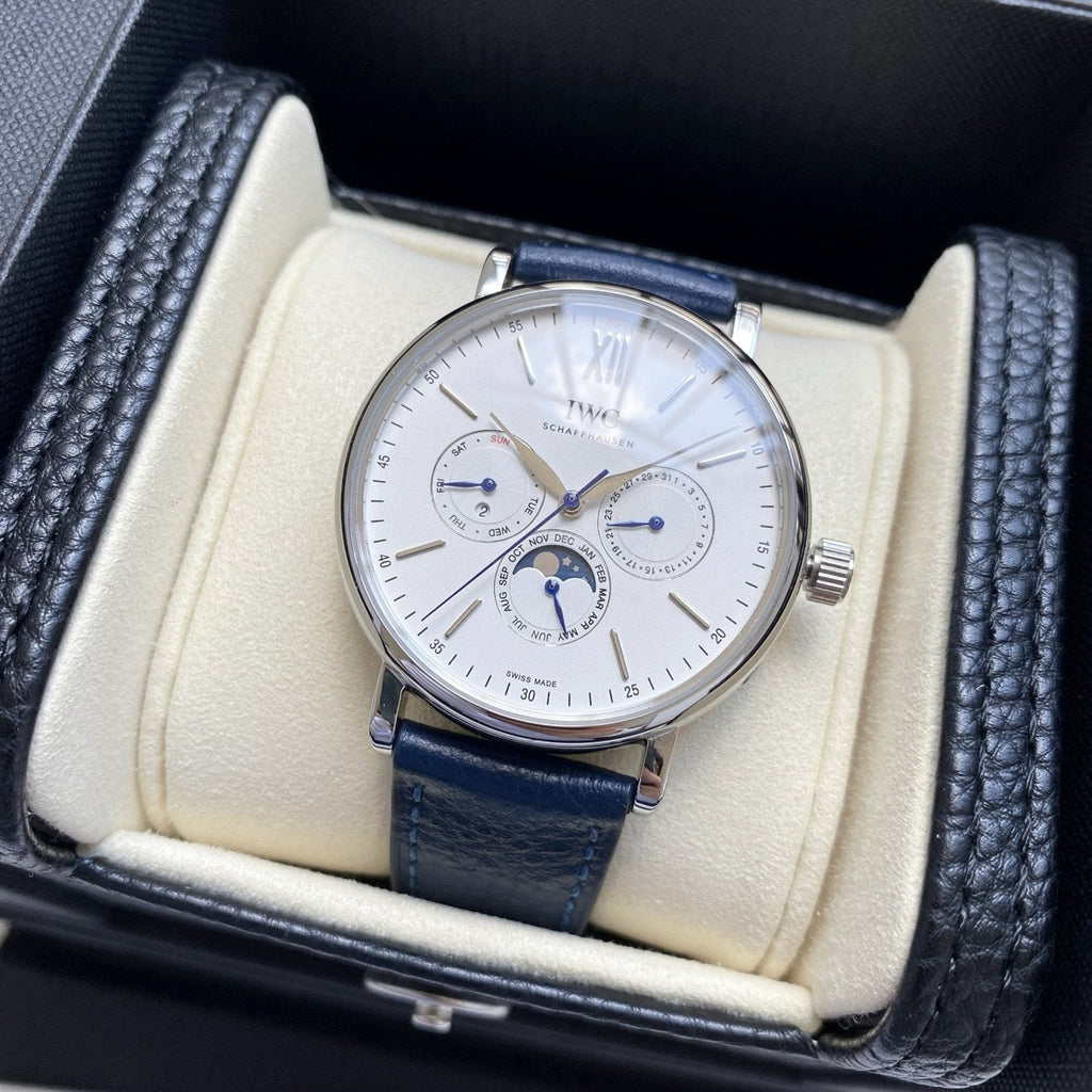IWC Silver Blue White Dial Leather Strap Watch — hero