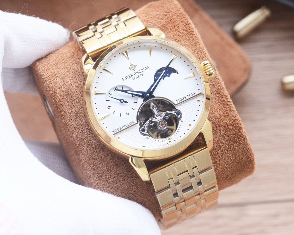 Patek Philippe Gold Black White Dial Leather Strap Watch — hero