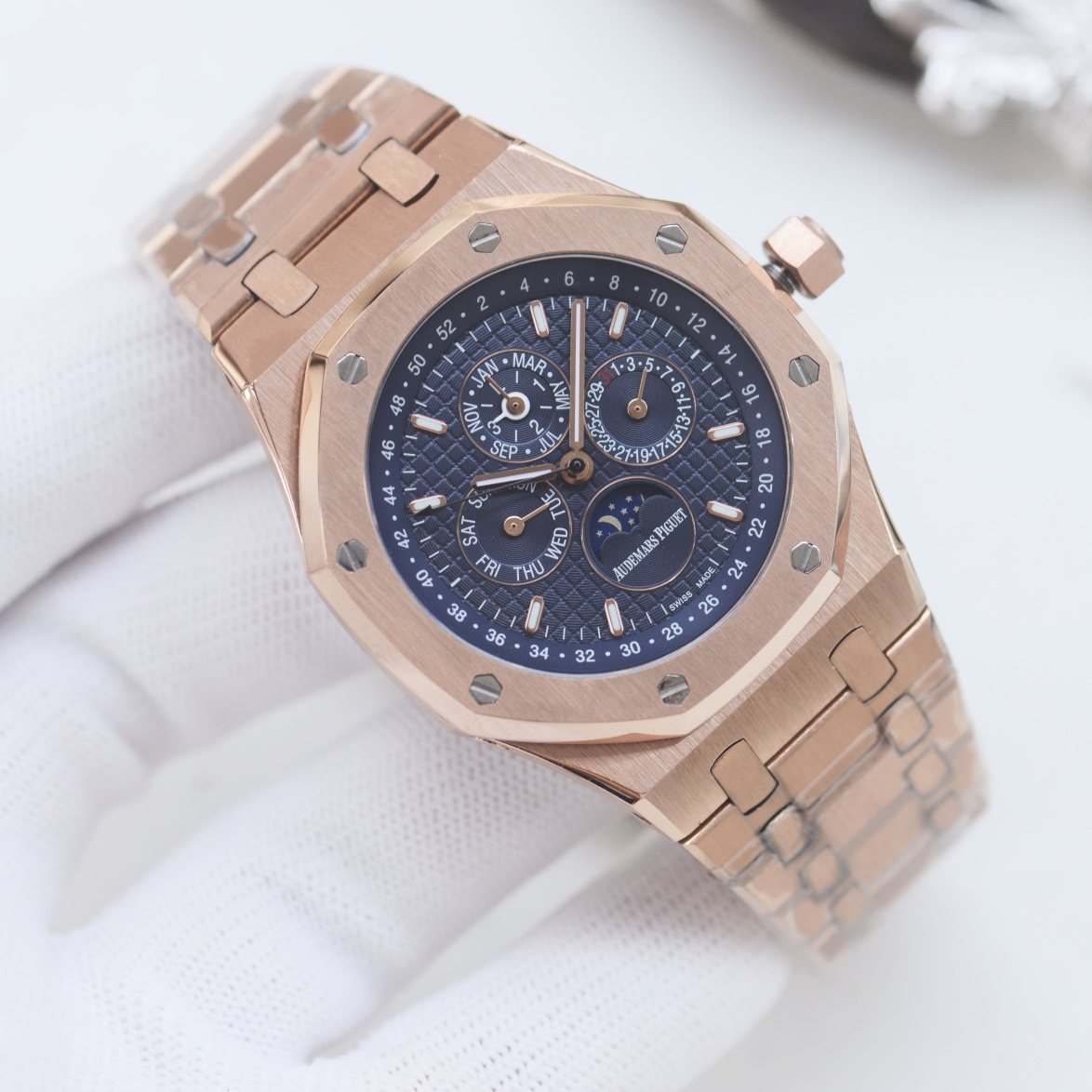 Audemars Piguet Rose Gold Blue Dial Bracelet Watch — front