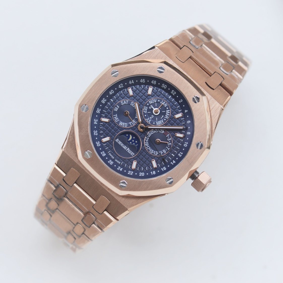 Audemars Piguet Rose Gold Blue Dial Bracelet Watch — hero
