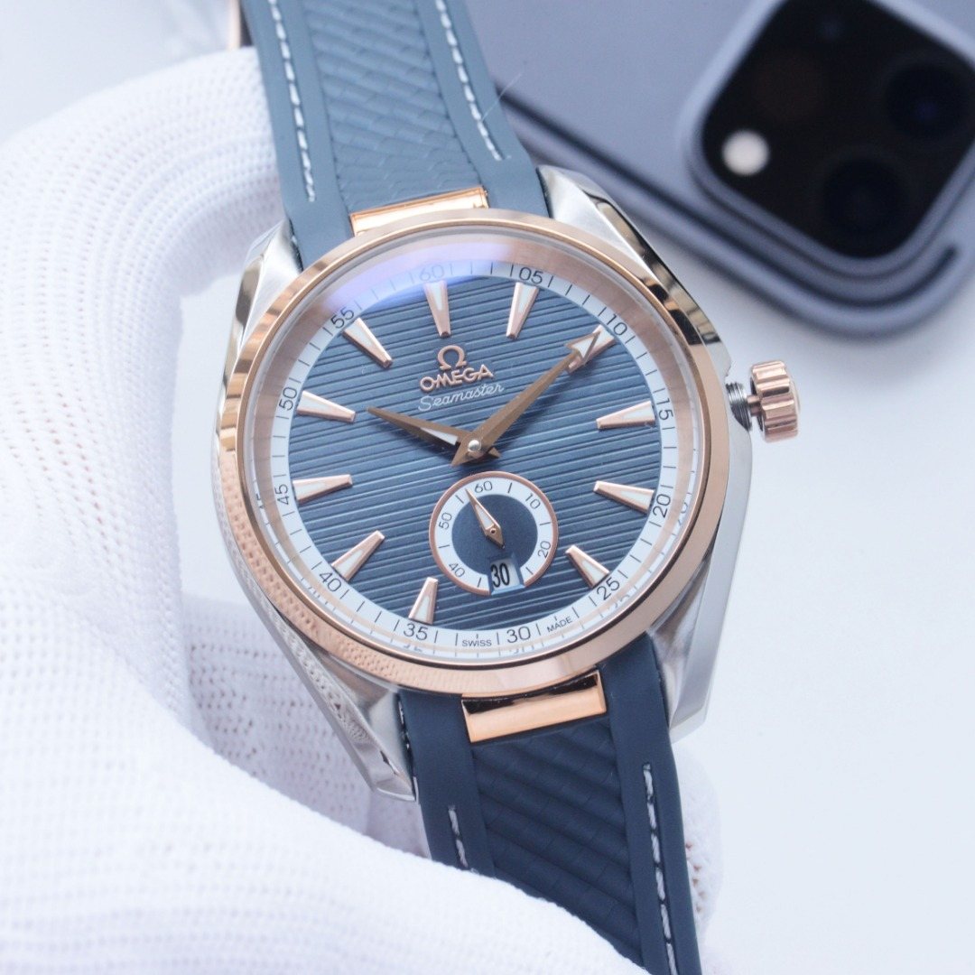 OMEGA Two Tone Silver Blue Dial Strap Watch — hero