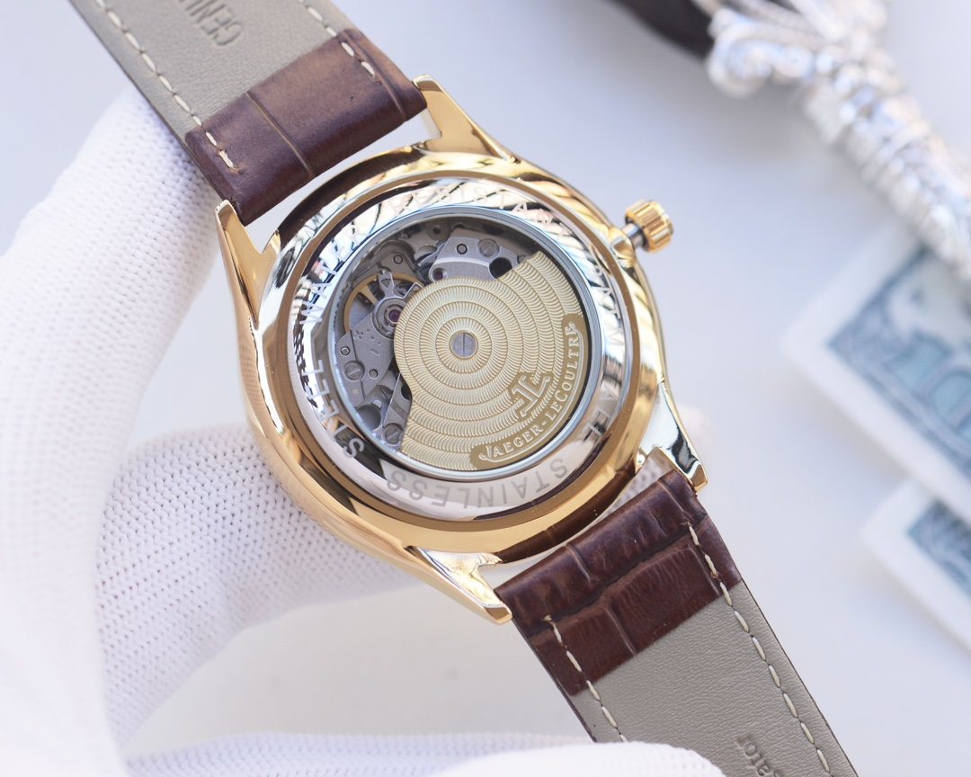 Jaeger-LeCoultre Gold Brown White Dial Leather Strap Watch — back
