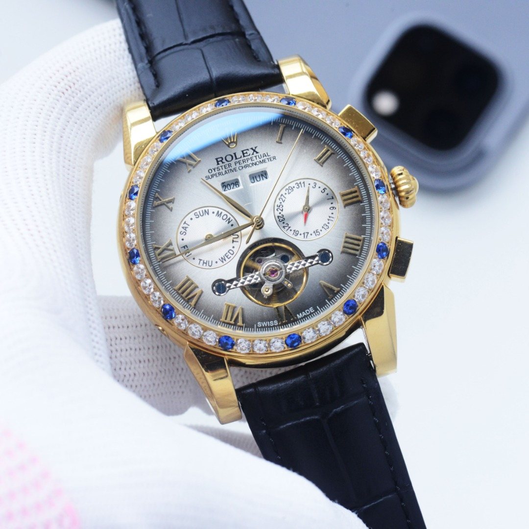 Rolex Gold Black White Dial Strap Watch — hero
