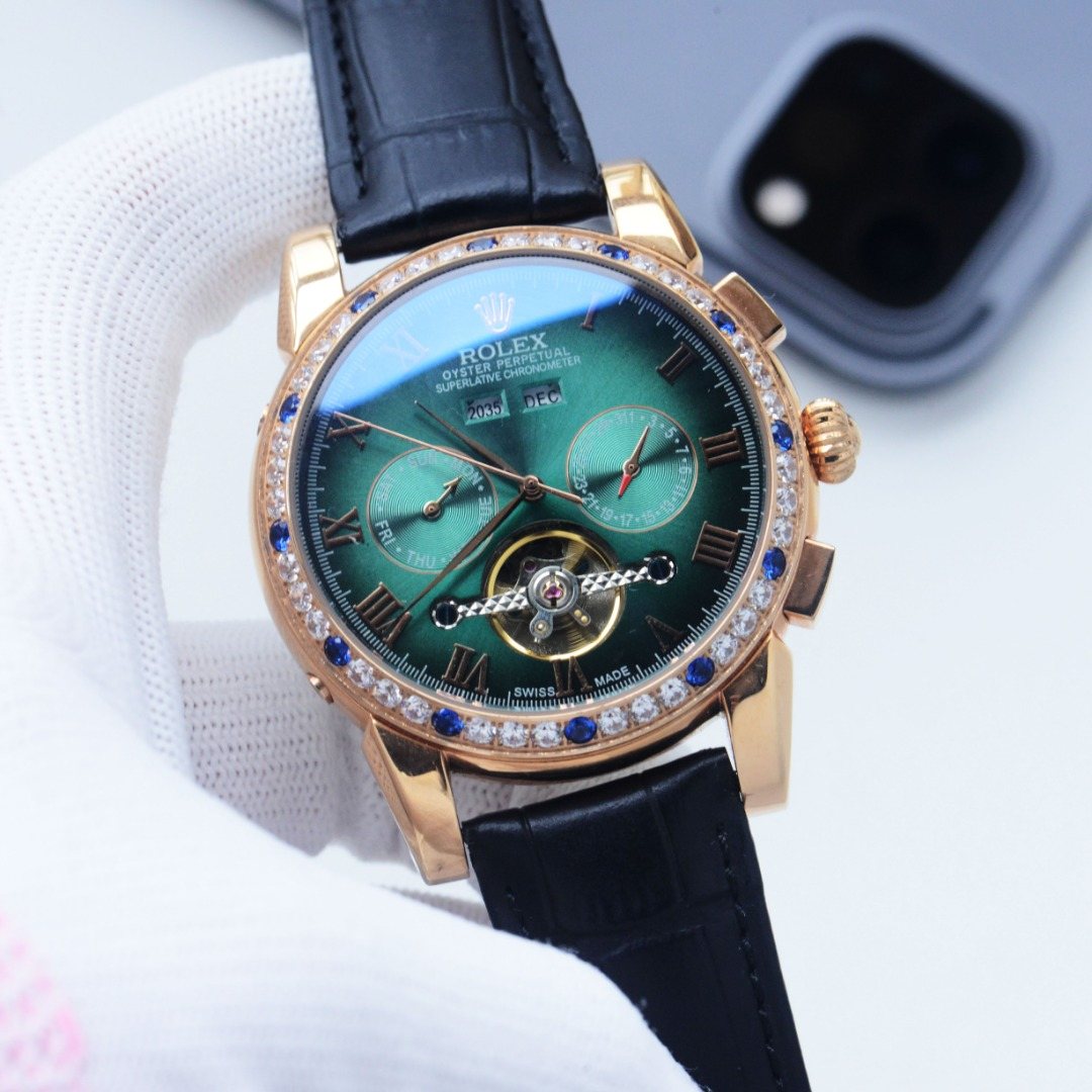 Rolex Rose Gold Black Green Dial Strap Watch — hero