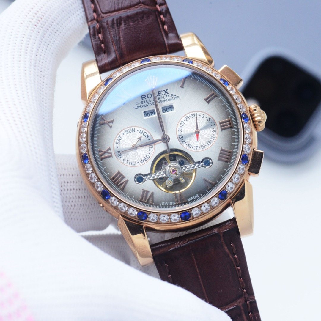 Rolex Rose Gold Brown White Dial Strap Watch — hero
