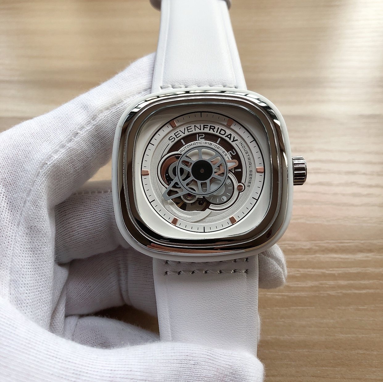 SEVENFRIDAY White Skeleton Dial Watch — front