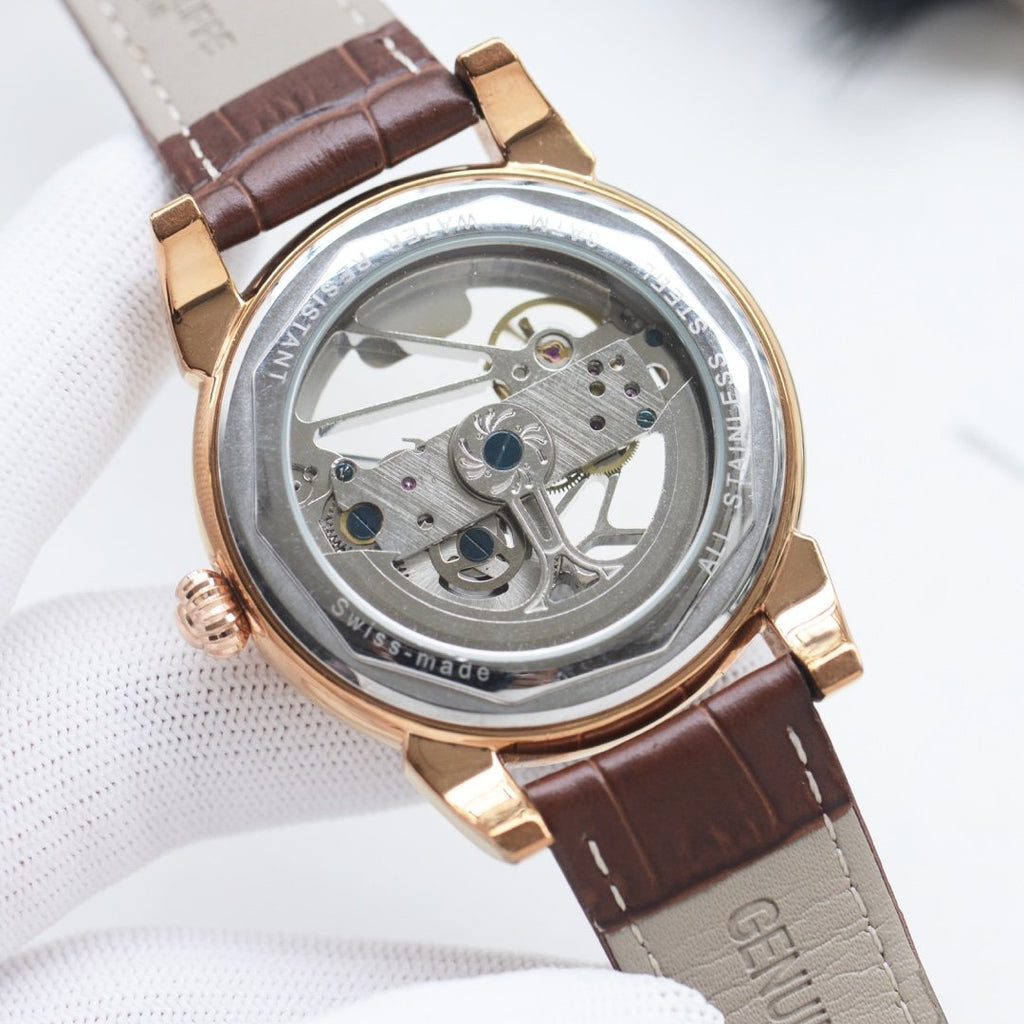 Patek Philippe Rose Gold Brown Leather Strap Watch — back