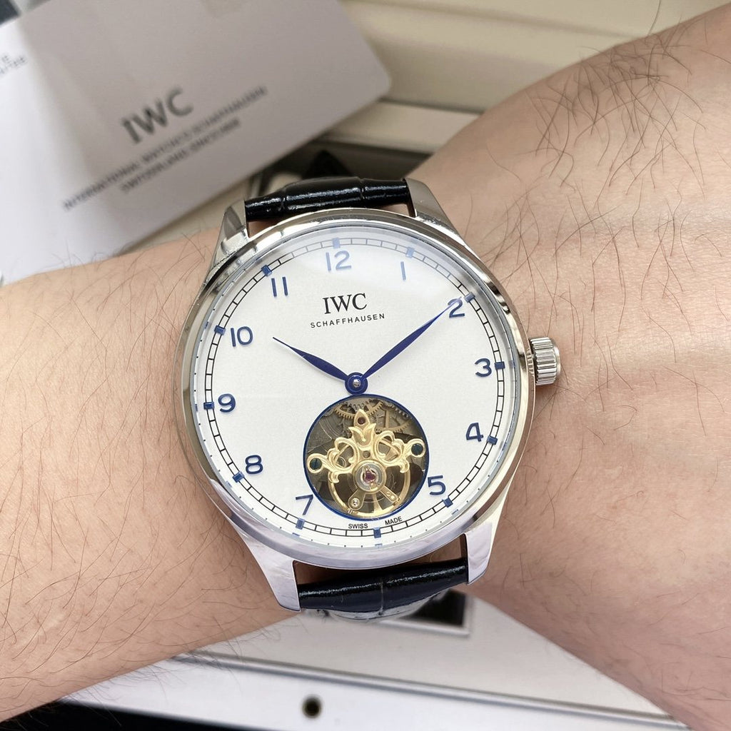 IWC Silver Black White Dial Strap Watch — model