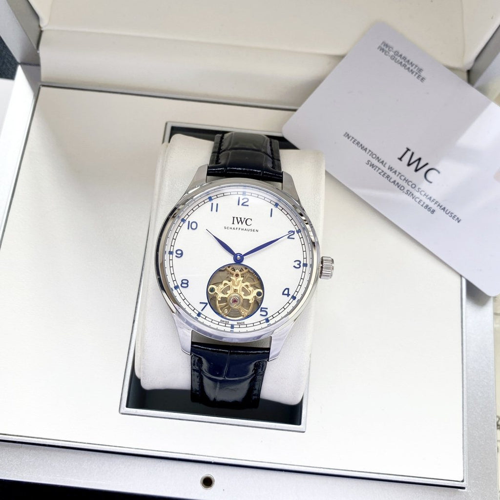 IWC Silver Black White Dial Strap Watch — front