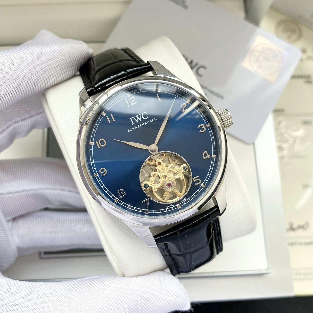 IWC Silver Black Blue Dial Strap Watch — hero