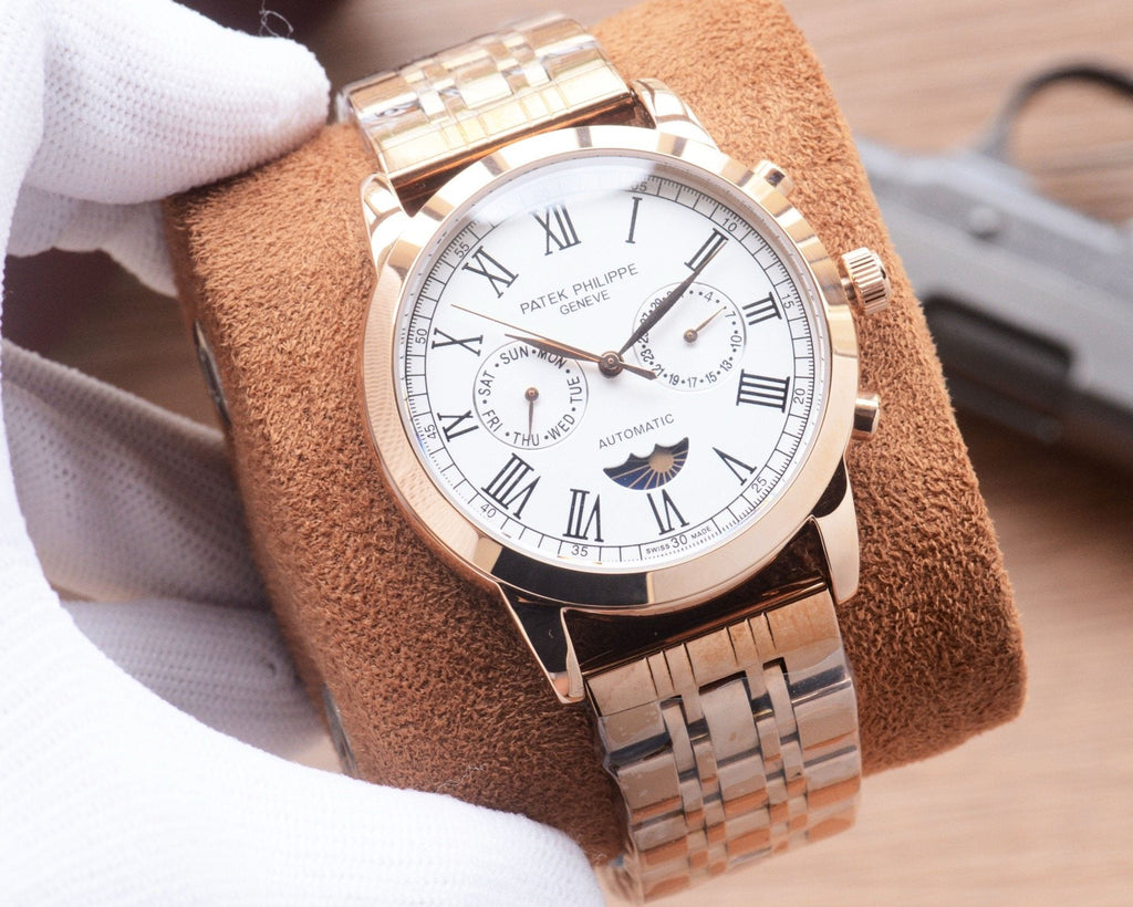 Patek Philippe Rose Gold Silver White Dial Bracelet Watch — front