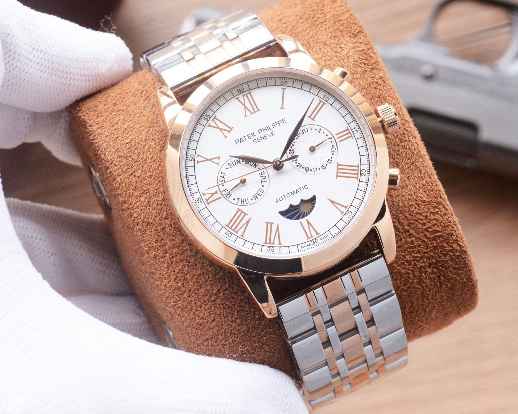 Patek Philippe Rose Gold Silver White Dial Bracelet Watch — front