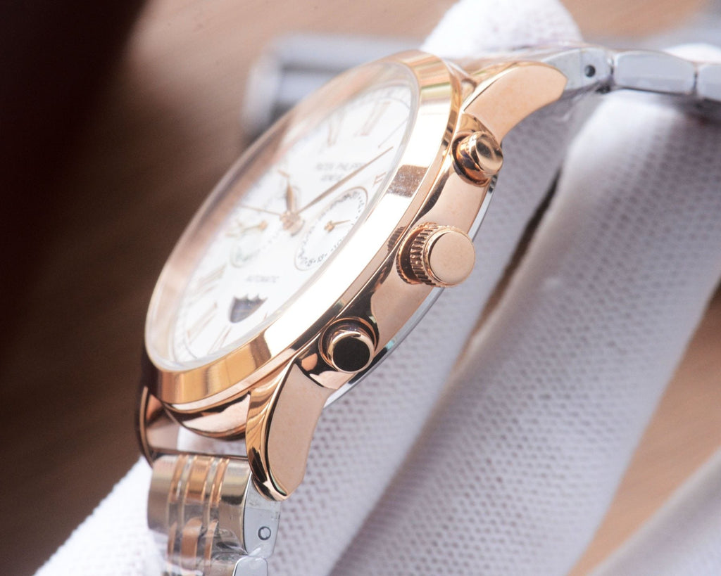 Patek Philippe Rose Gold Silver White Dial Bracelet Watch — side