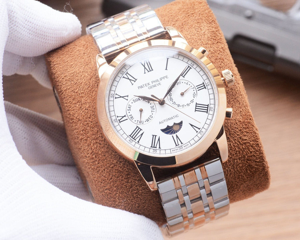 Patek Philippe Rose Gold Silver White Dial Bracelet Watch — front