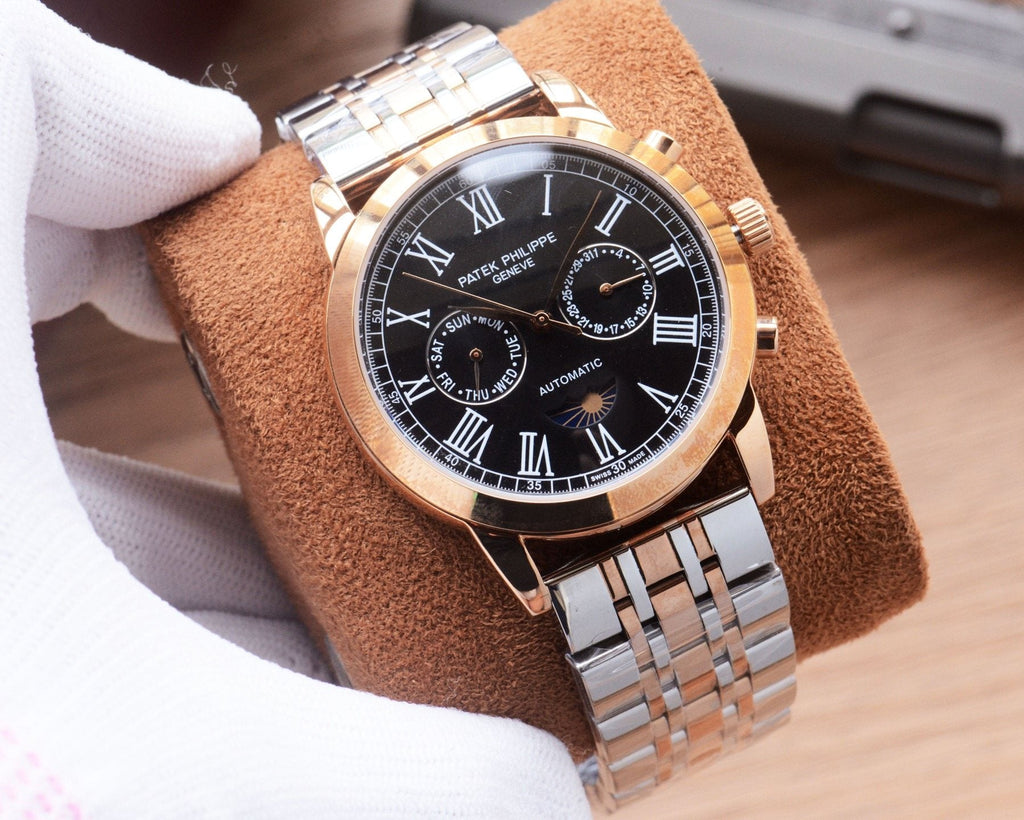 Patek Philippe Rose Gold Silver Black Dial Bracelet Watch — front