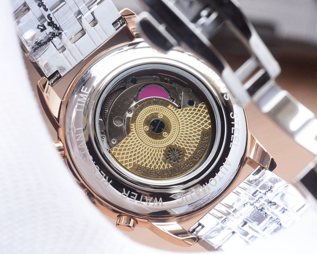Patek Philippe Rose Gold Silver Black Dial Bracelet Watch — back