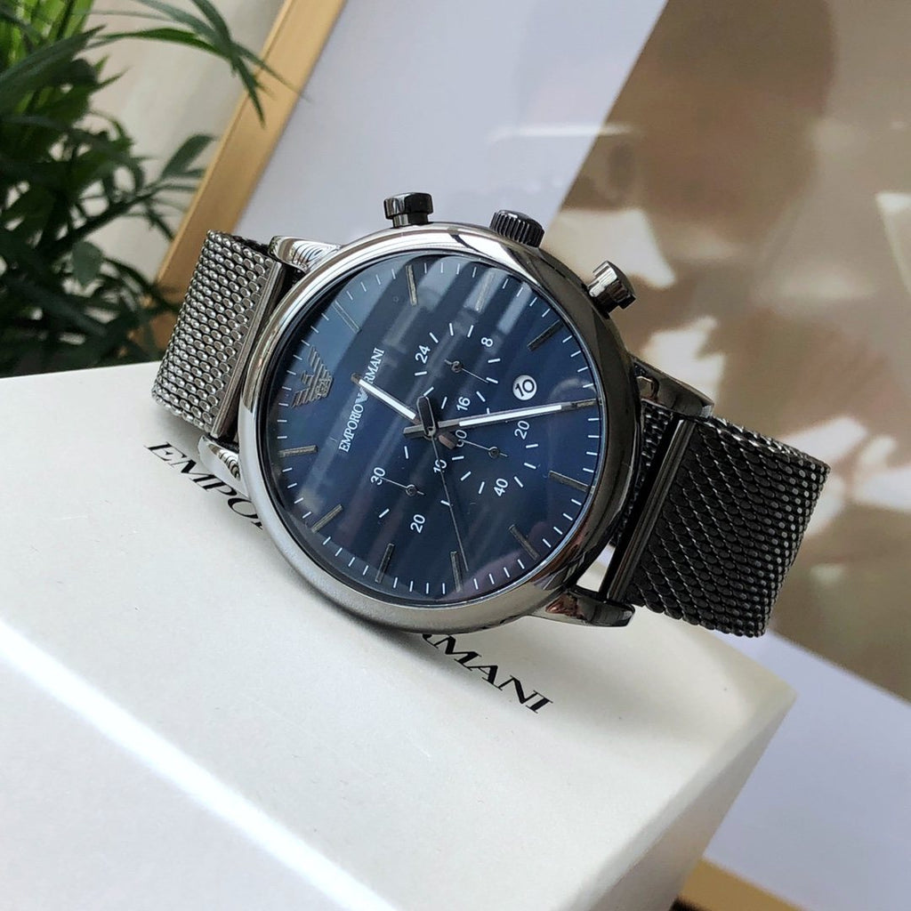 EMPORIO ARMANI Blue Dial Mesh Bracelet Watch — front