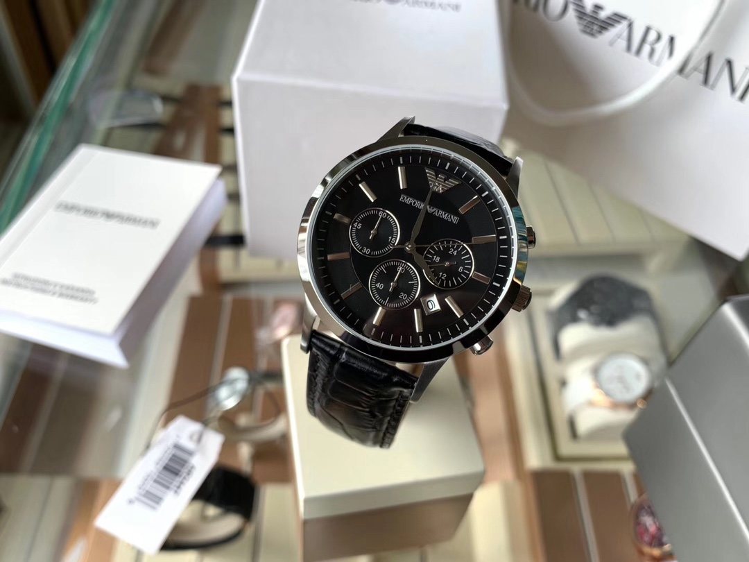 EMPORIO ARMANI Black Dial Leather Strap Watch — front