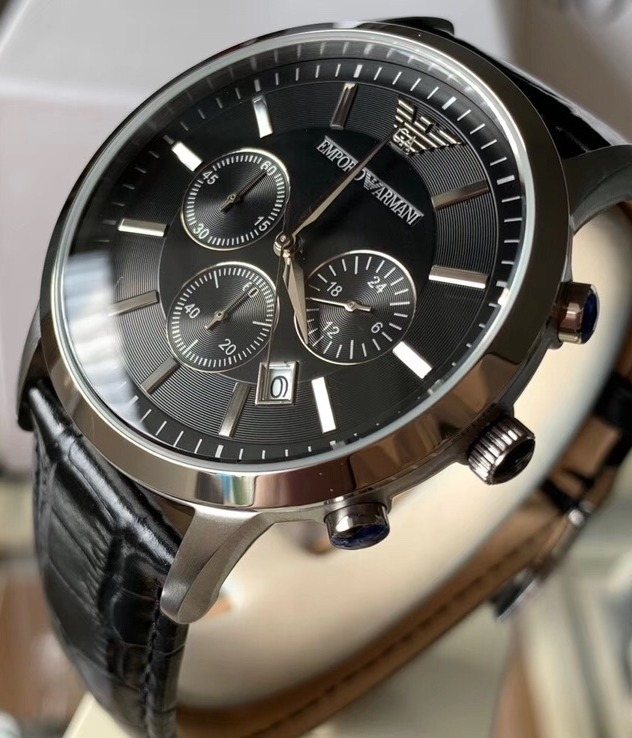 EMPORIO ARMANI Black Dial Leather Strap Watch — front