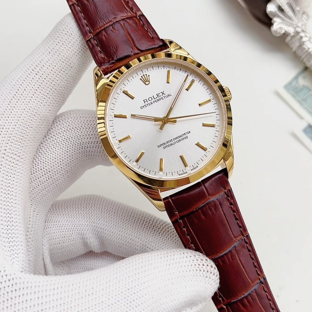 Rolex White Dial Brown Strap Watch — hero