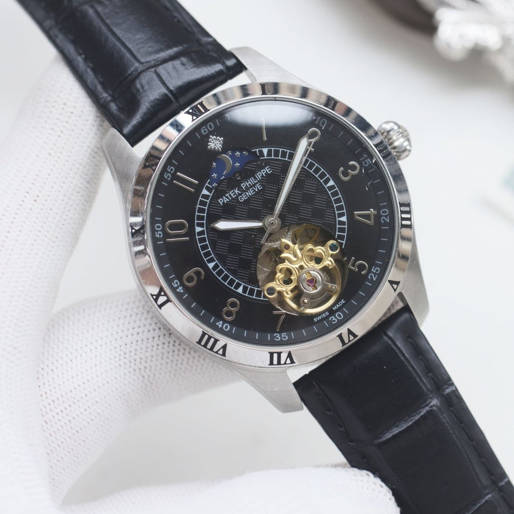 Patek Philippe Black Silver Dial Leather Strap Watch — hero