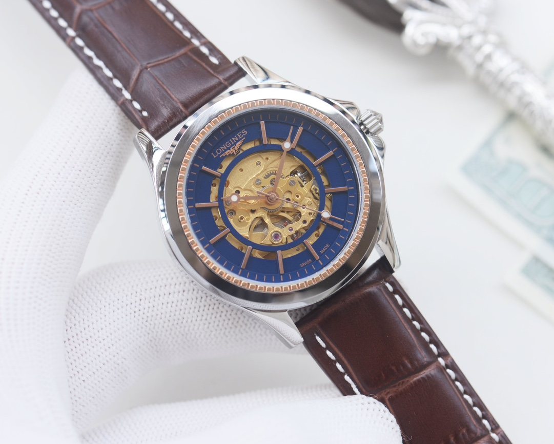 Longines Brown Blue Dial Leather Strap Watch — hero