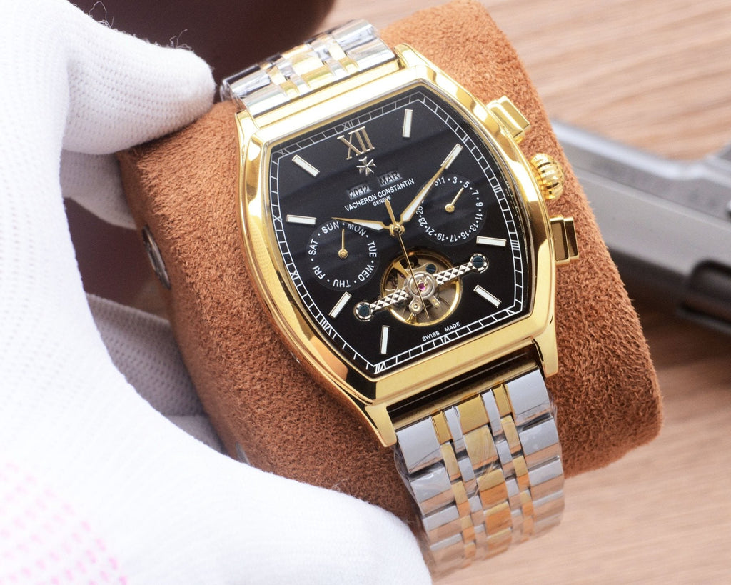 Patek Philippe Gold Silver Black Dial Bracelet Watch — front