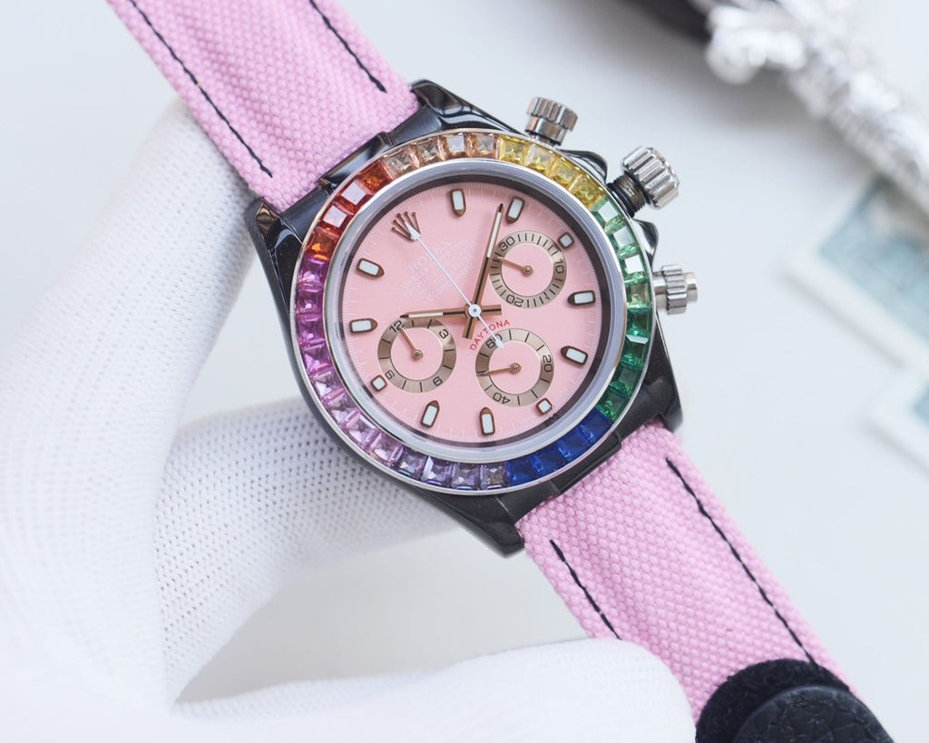 Rolex Silver Pink Dial Strap Watch — hero