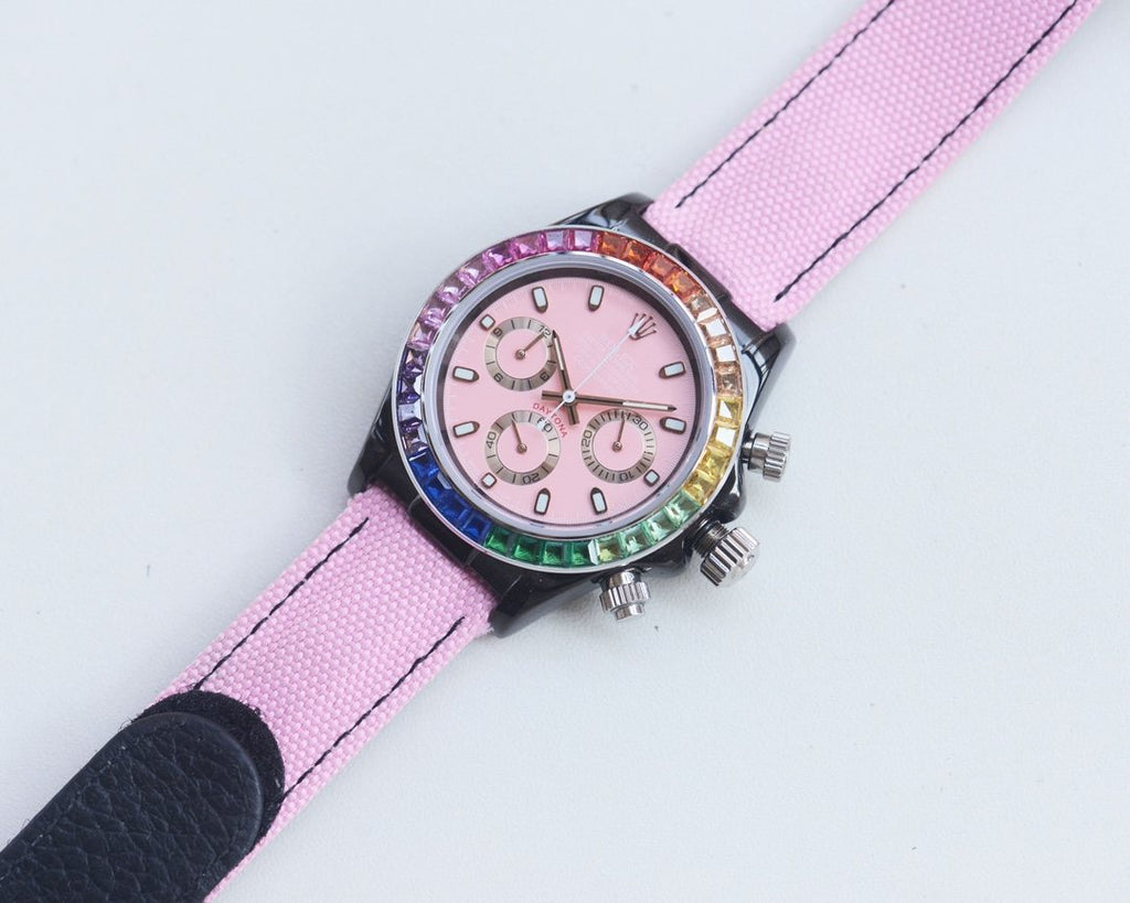 Rolex Silver Pink Dial Strap Watch — front