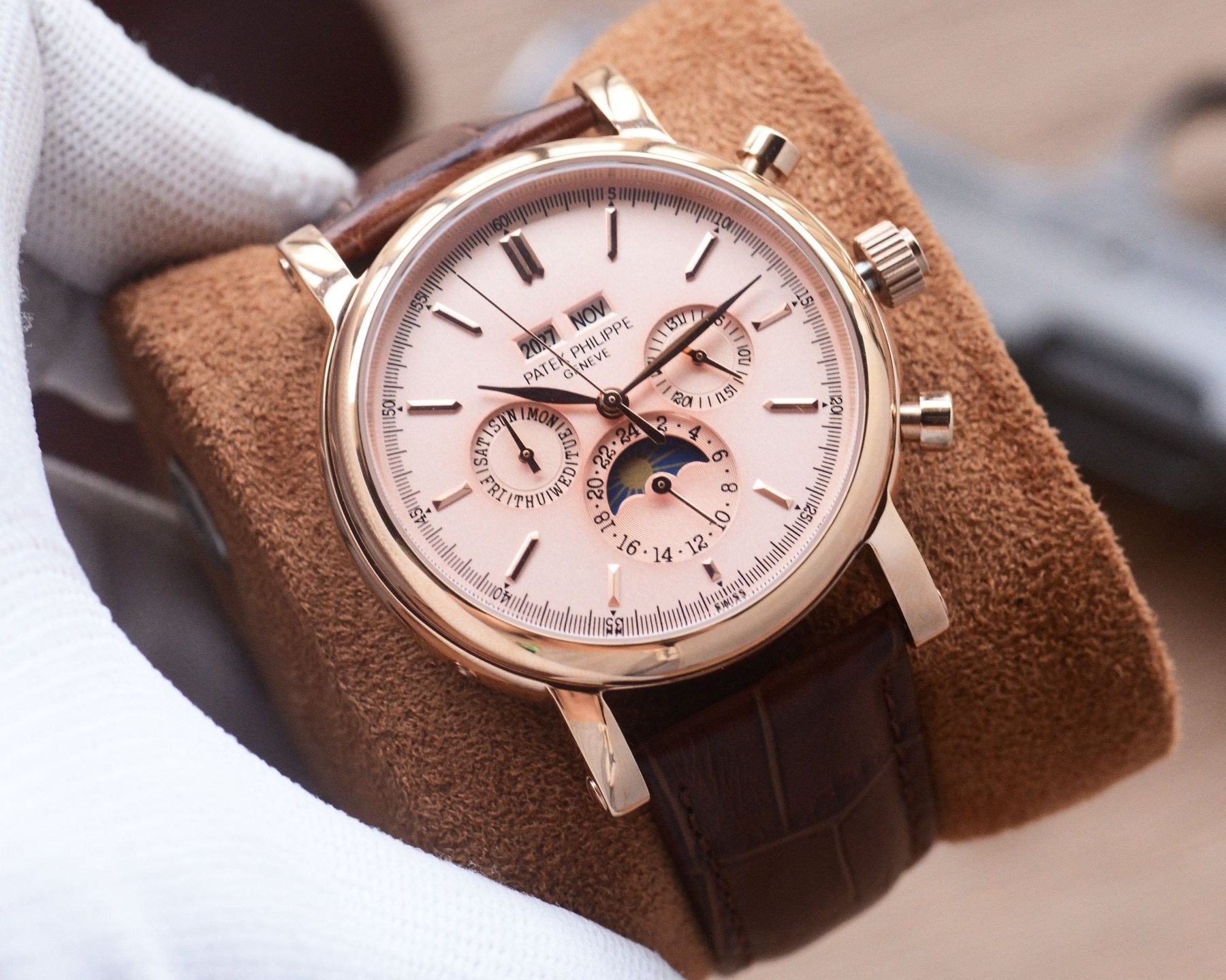 Patek Philippe Rose Gold Brown Pink Dial Strap Watch — hero