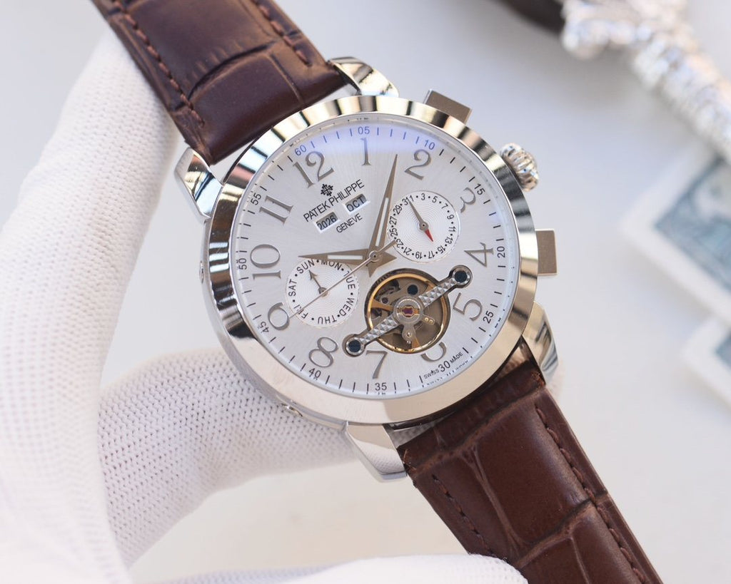 Patek Philippe Silver Brown White Dial Strap Watch — hero