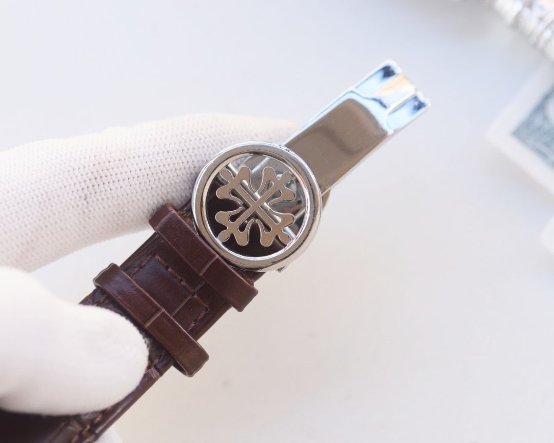 Patek Philippe Silver Brown White Dial Strap Watch — detail